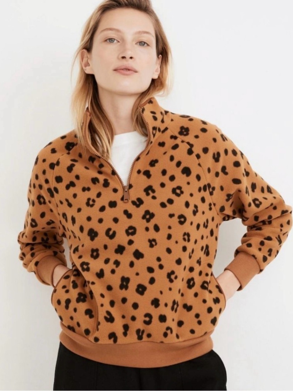 Madewell Leopard-Print Quarter -Zip Fleece Pullover - Tan/Black